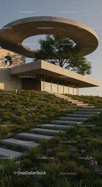 Modern Concrete Building with Circular Roof and Greenery