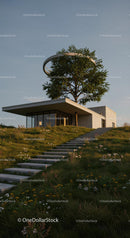 Modern House with Tree and Concrete Staircase in Green Landscape