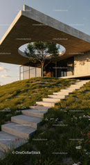 Modern Concrete House with Tree and Garden View