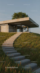 Modern Concrete House with Tree on Rooftop and Grassy Hill