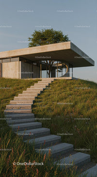 Modern Concrete House with Tree on Rooftop and Grassy Hill