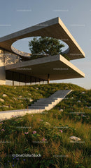 Modern Concrete House Surrounded by Greenery and Flowers