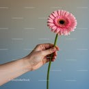 Hand Holding a Pink Gerbera Flower on Neutral Background