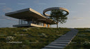 Modern Concrete House in Lush Greenery at Sunset