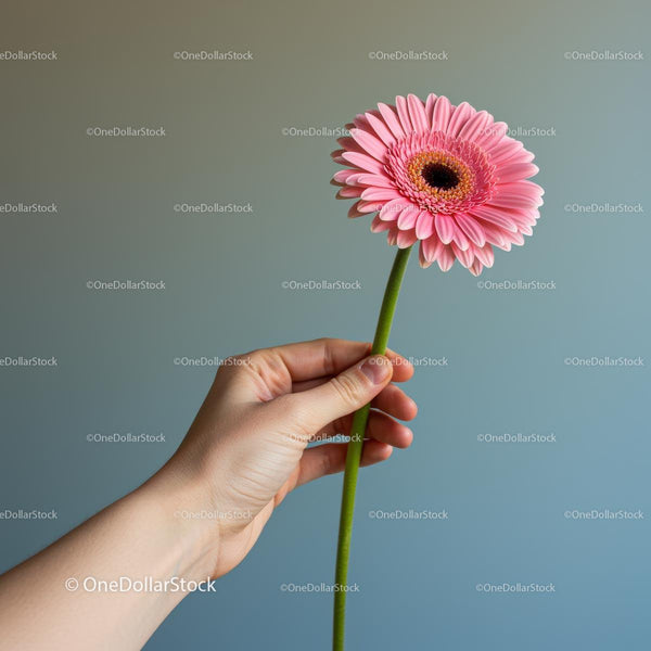 Różowa Gerbera Elegancko Trzymana w Dłoni na Delikatnym Tle