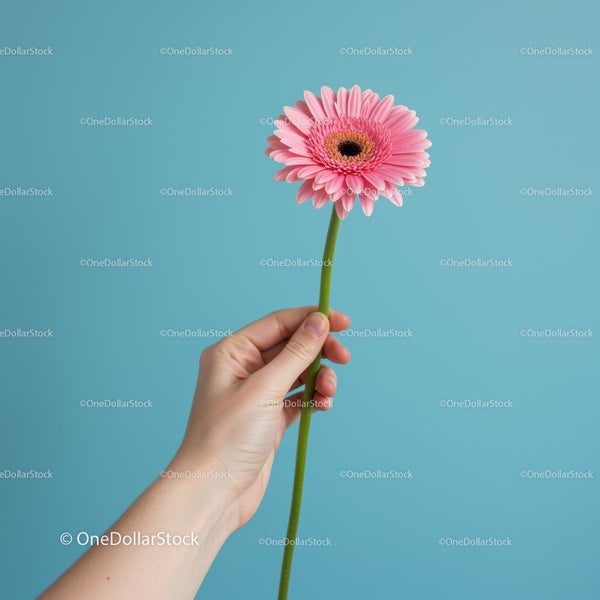 Różowa gerbera trzymana na delikatnym niebieskim tle