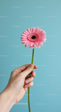 Pink Gerbera Held Against Blue Background