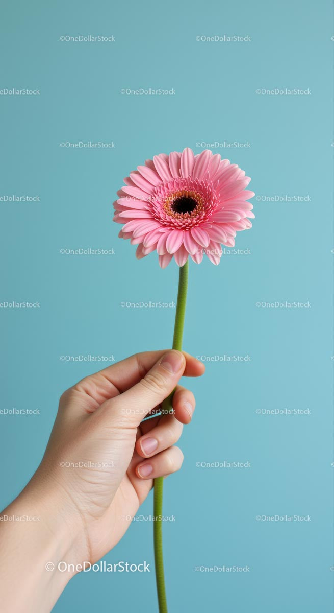 Pink Gerbera Held Against Blue Background