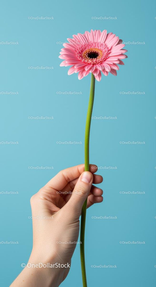 Różowa gerbera trzymana na pastelowym niebieskim tle