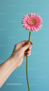 Hand Holding Pink Gerbera Against Blue Background