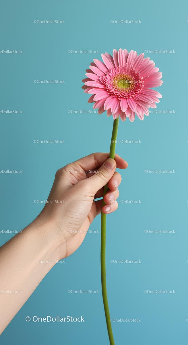 Hand Holding Pink Gerbera Against Blue Background
