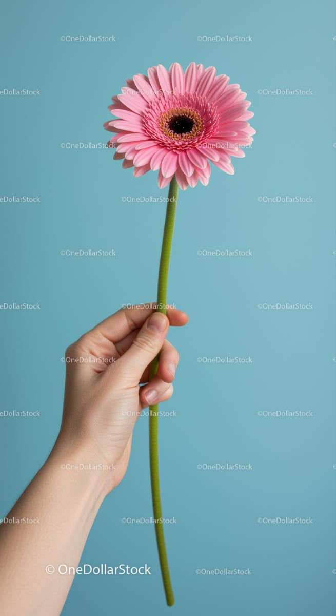 Hand Holding Pink Gerbera Against Blue Background
