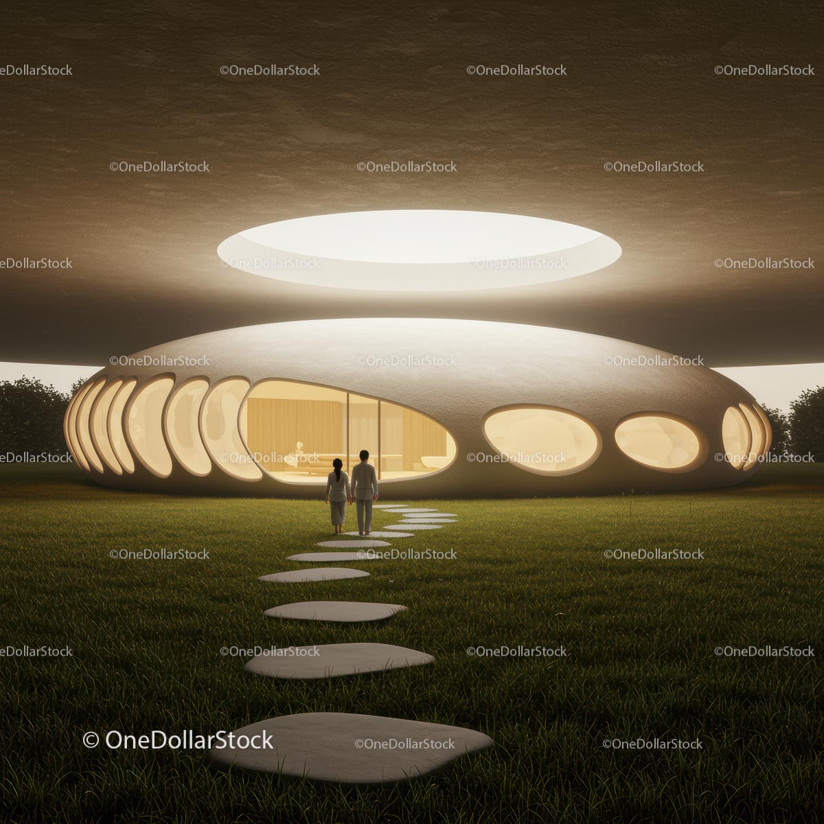 Futuristic Building with Oval Windows and Night Lighting