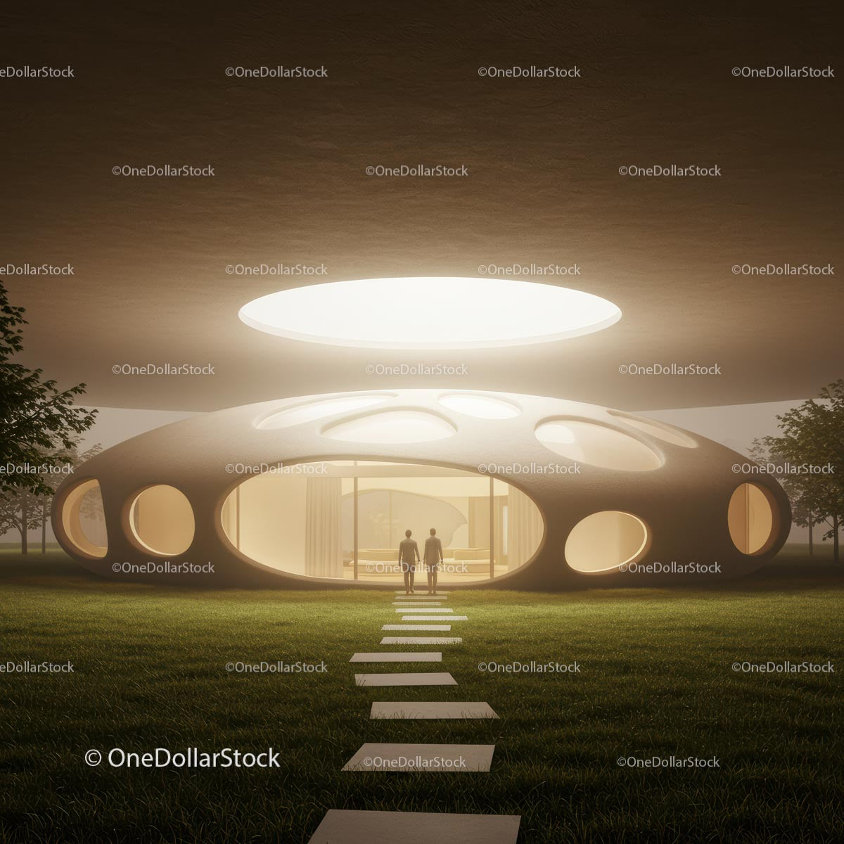 Futuristic Circular Building with Illuminated Interior