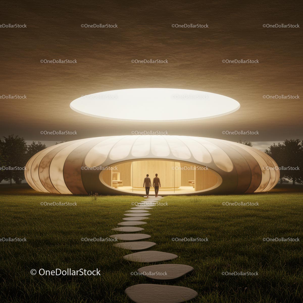 Futuristic Circular Building with Illuminated Interior