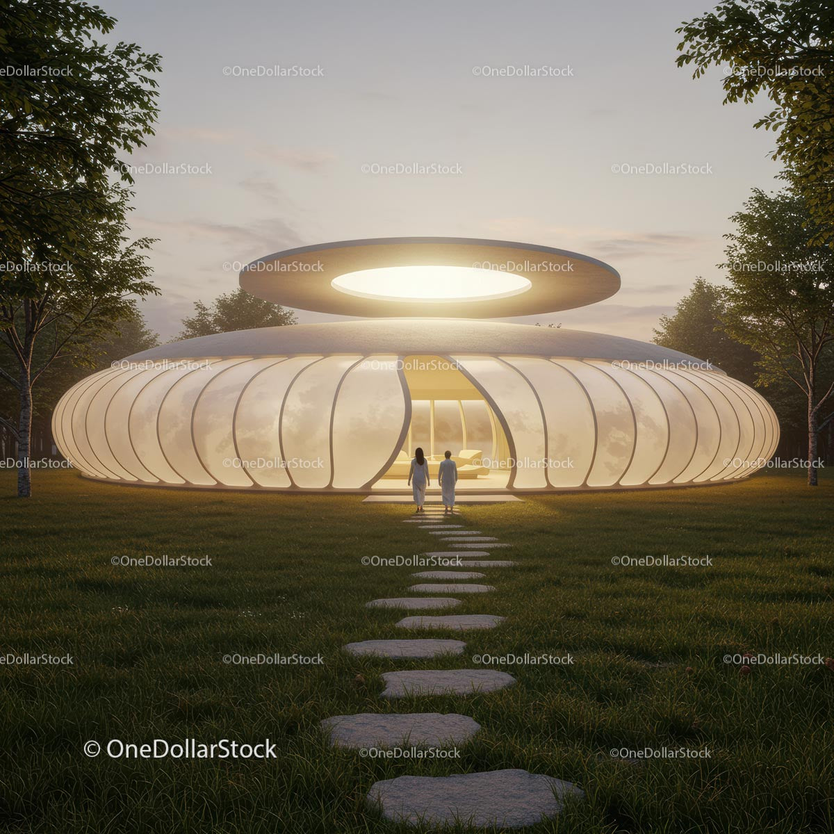 Futuristic Circular Building at Dusk