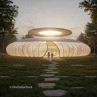 Futuristic Circular Building at Dusk