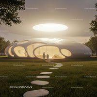 Futuristic Dome House with Glowing Interior at Sunset