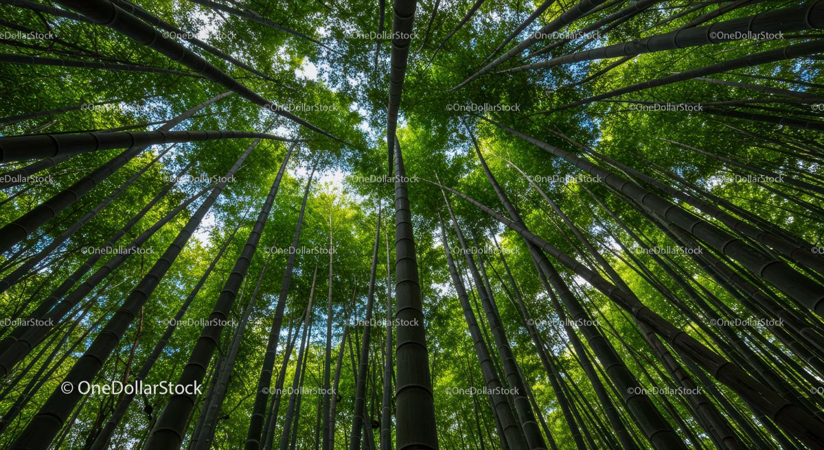 Lush Bamboo Forest Canopy from a Ground-Level View