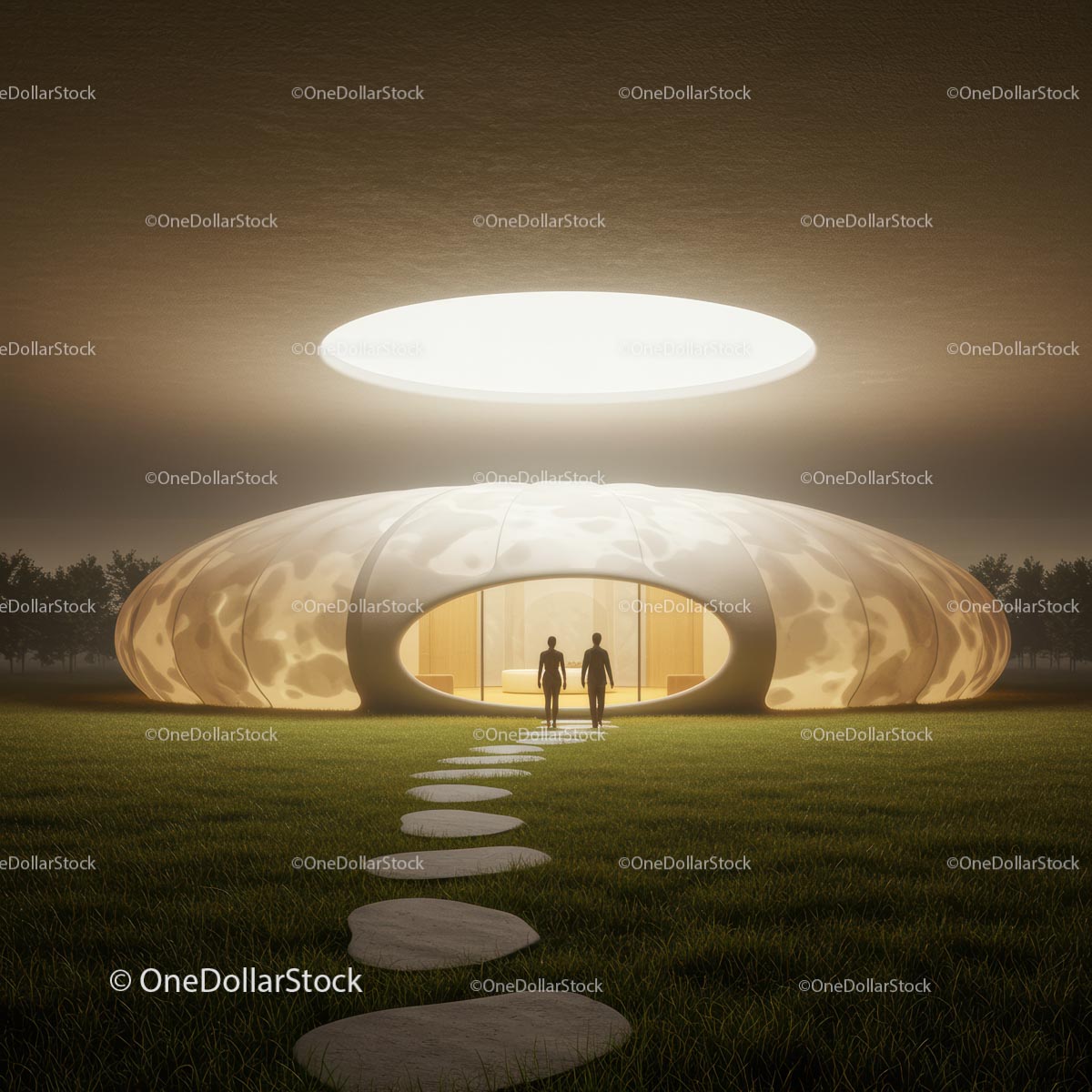 Futuristic Dome Structure with Illuminated Pathway