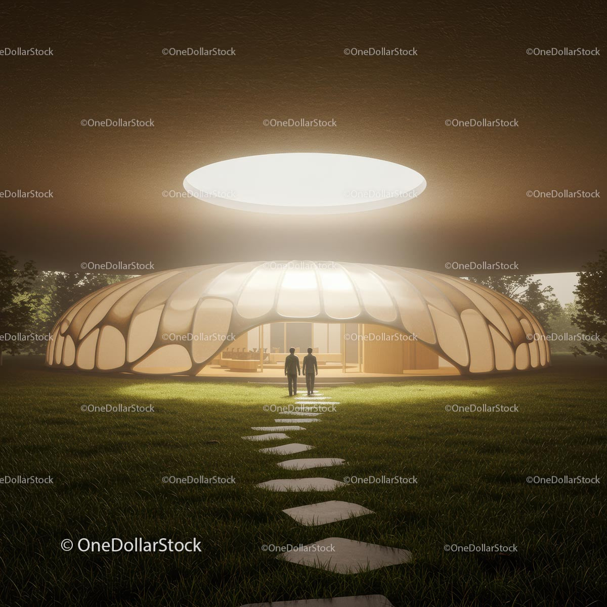 Futuristic Dome Building with Illuminated Pathway