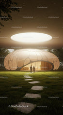 Futuristic Dome Building with Illuminated Pathway at Dusk