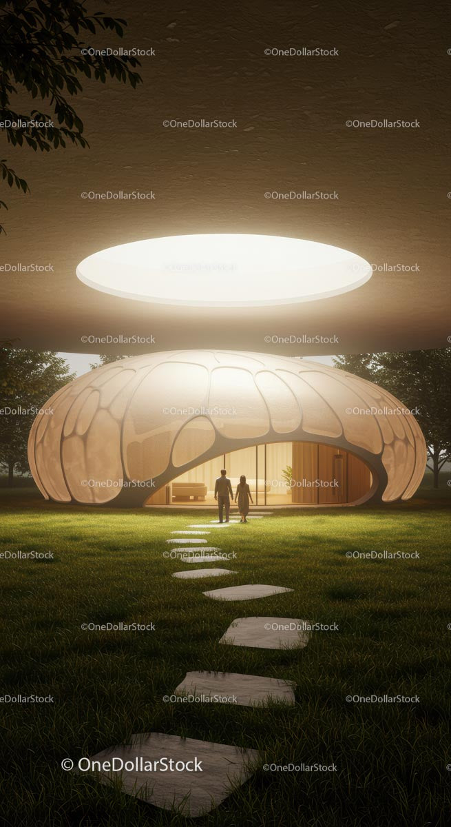 Futuristic Dome Building with Illuminated Pathway at Dusk