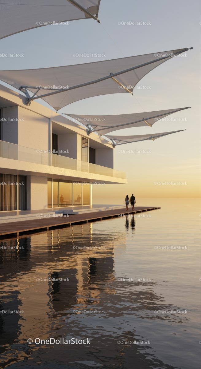 Modern Waterfront House at Sunset