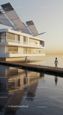 Futuristic Floating Home with Solar Panels at Sunset