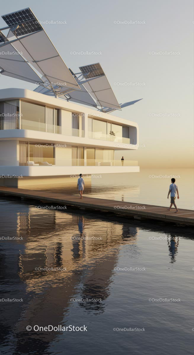 Futuristic Floating Home with Solar Panels at Sunset