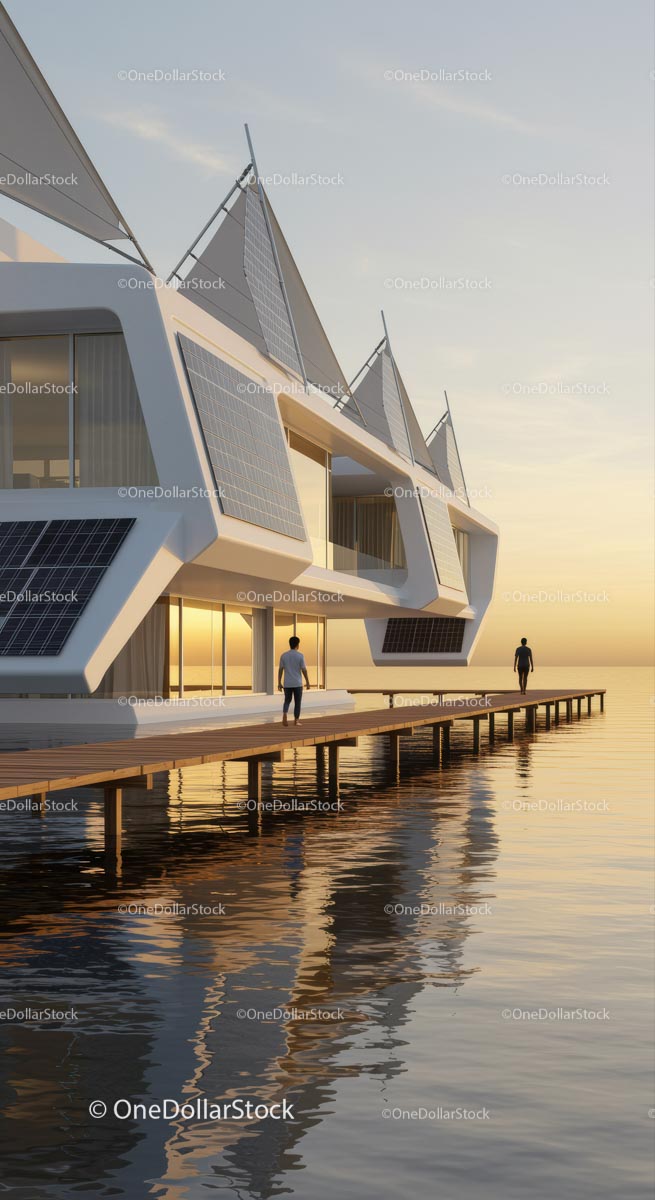 Futuristic Solar-Powered Building at Waterfront Sunset
