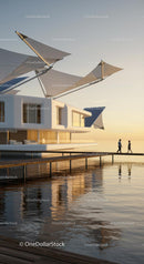 Futuristic Floating House with Solar Panels at Sunset
