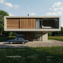 Modern Concrete House with Vintage Car in Green Landscape