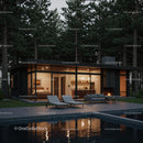 Modern Glass Cabin with Fireplace in Forest Setting
