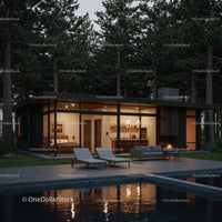 Modern Glass Cabin with Fireplace in Forest Setting