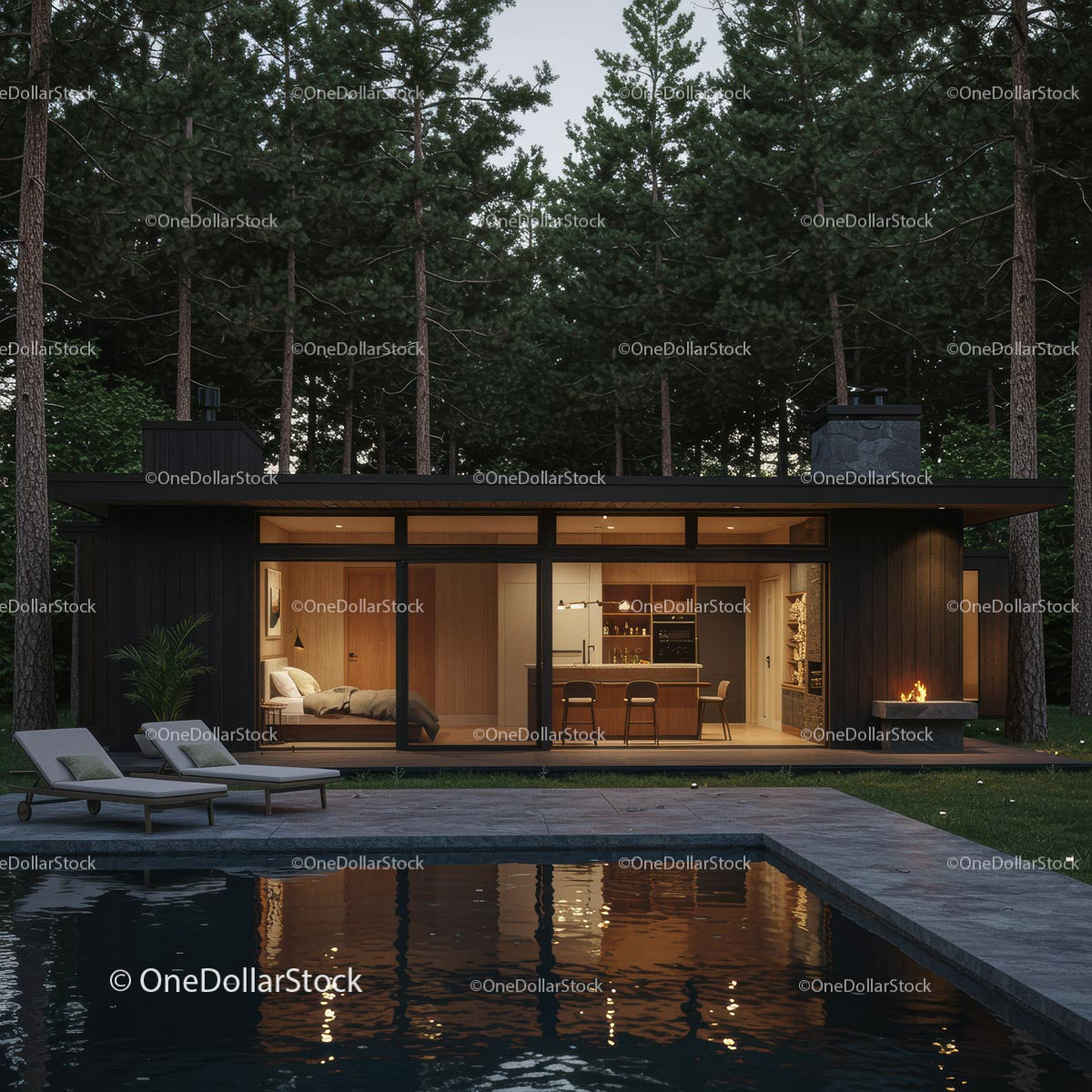 Modern Cabin in Forest with Glass Walls and Poolside View