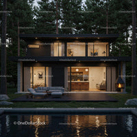 Modern Forest Retreat with Illuminated Interior and Wooden Deck