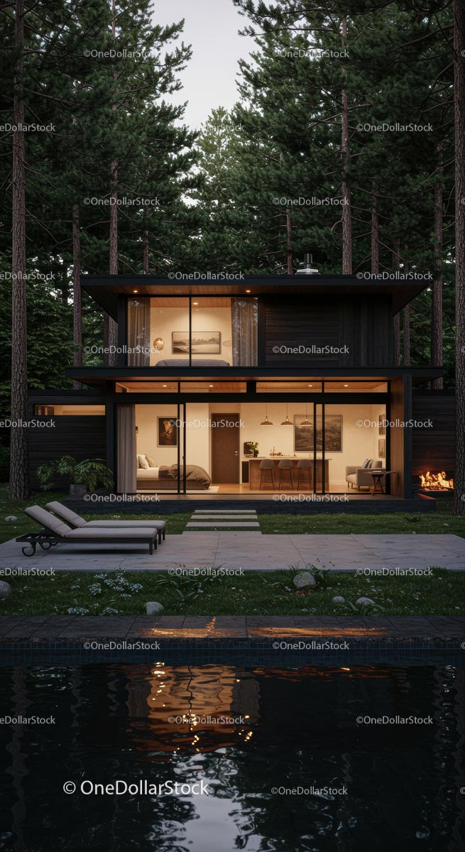 Modern Forest House with Glass Facade and Tranquil Pool