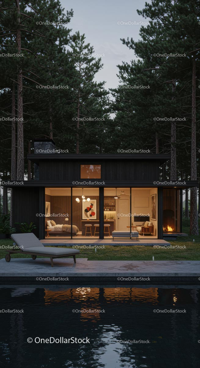 Modern Glass House Surrounded by Serene Pine Forest