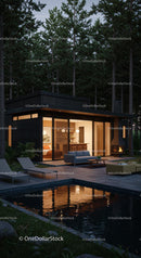Modern Cabin in Tranquil Forest with Pool at Dusk