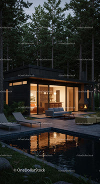 Modern Cabin in Tranquil Forest with Pool at Dusk