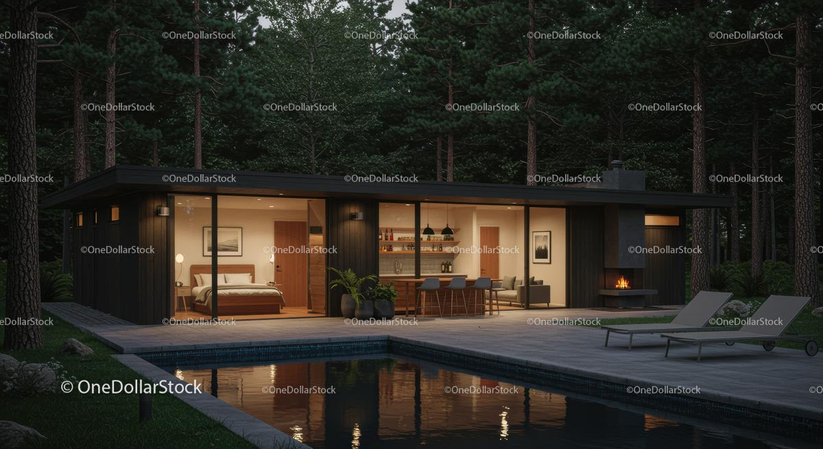 Modern Forest Cabin with Glass Walls and Pool View