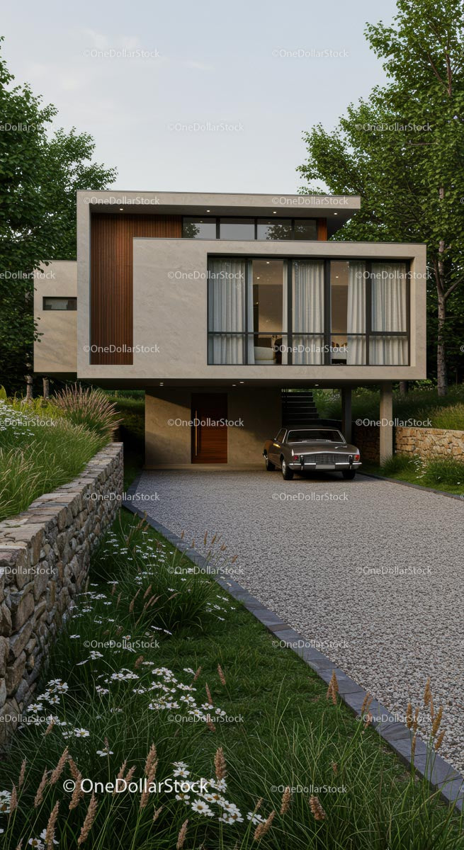 Nowoczesny luksusowy dom z zieloną roślinnością i eleganckim designem