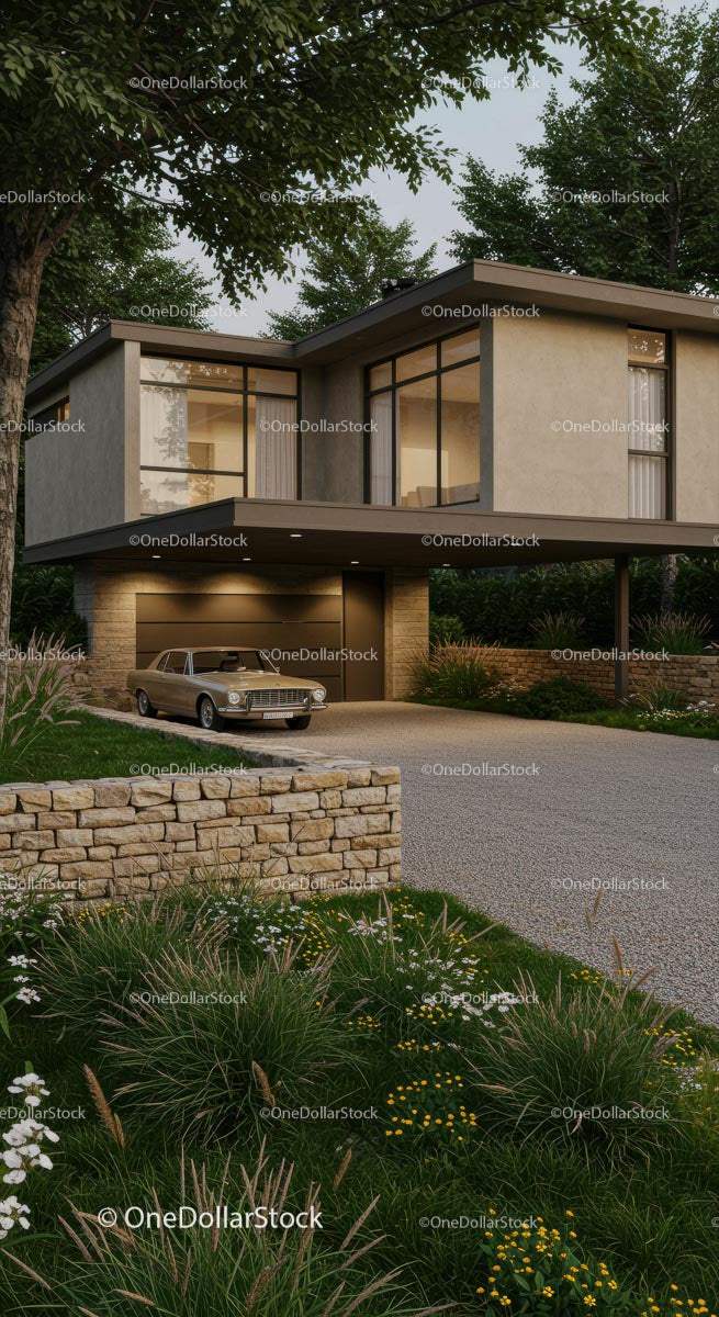 Modern House Exterior with Glass Windows and Vintage Car