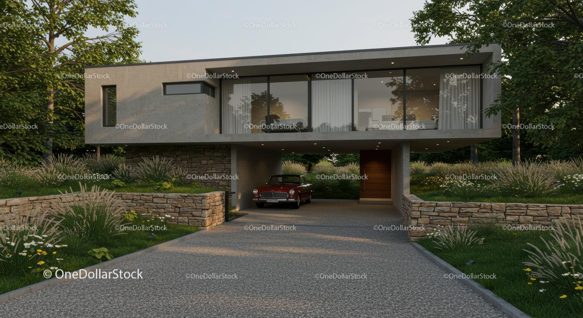 Luxury Modern House with Lush Landscaping and Carport