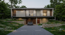 Modern Two-Story House with Lush Greenery and Vintage Car
