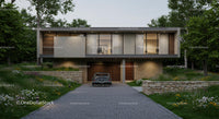 Modern Two-Story House with Lush Greenery and Vintage Car