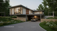 Luxury Modern House with Vintage Car in Evening Light