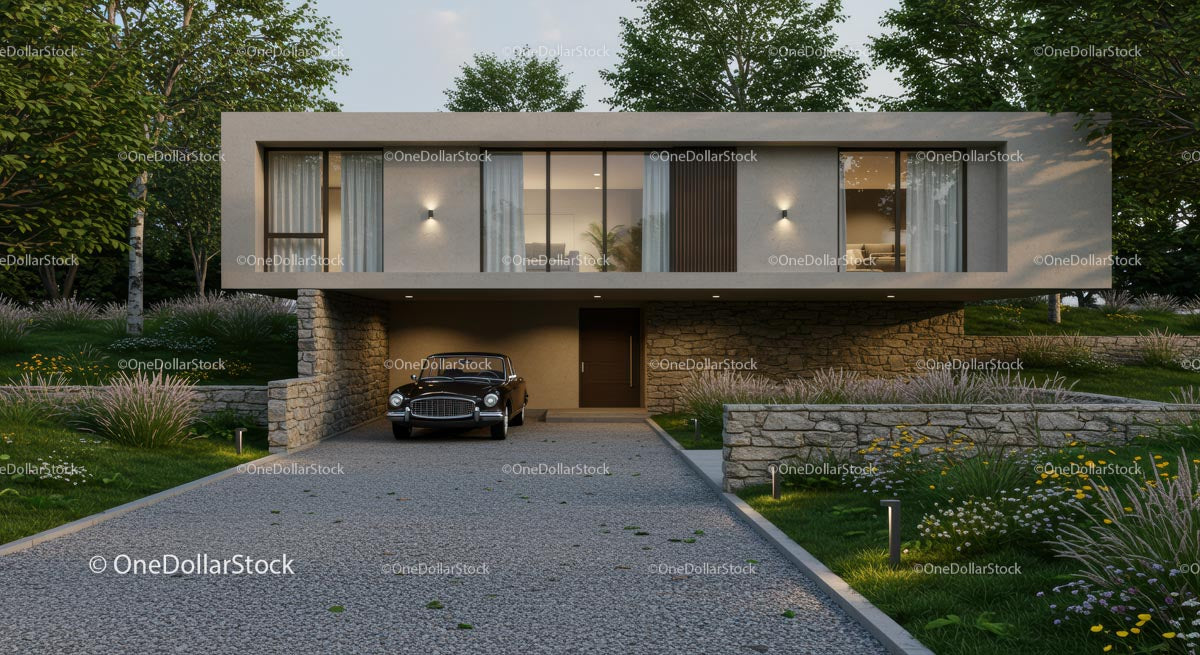Modern Luxury House with Classic Car in Evening Light