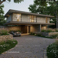 Modern Luxury Home with Classic Car and Lush Greenery